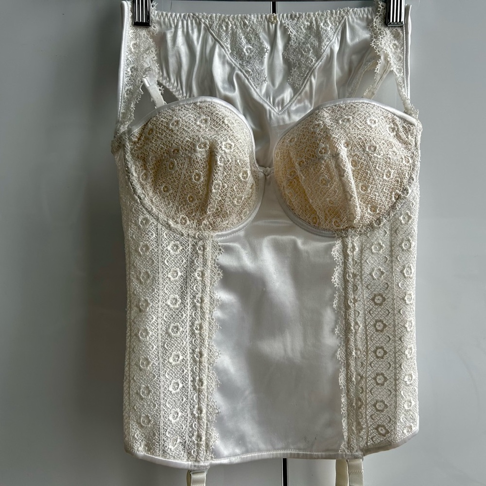 GRENIER Vintage Bridal Corset Merry Widow Bustier Garters B36 Set White Ref#6125